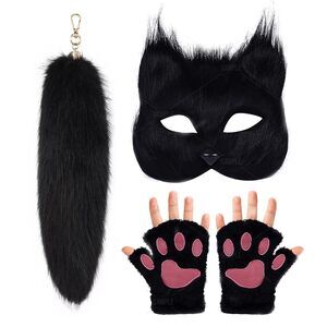 6526 Therian Mask Fox Wolf Cat Tail Paw Plush Glovess Set